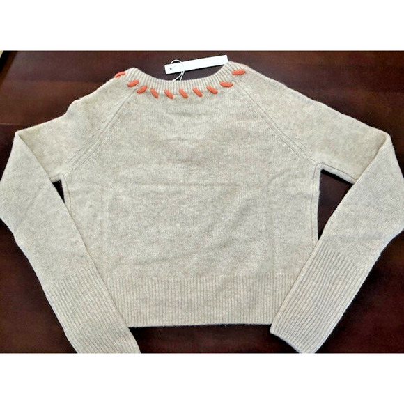 One Grey Day Cashmere V Neck Oatmeal Orange Stitch Sweater Size Small NWT $378 - Picture 3 of 8
